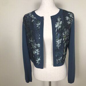 $389 NWT Lafayette 148 Wool Silk Brocade Long Sleeve Cardigan Size Medium M Teal